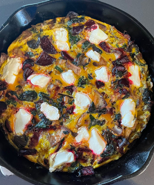 Lion's Mane and Black Oyster Mushroom Frittata with Roasted Beets and Goat Cheese