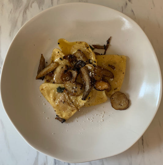 Ravioli and Sautéed Black Oyster Mushrooms in Sage Brown Butter Sauce